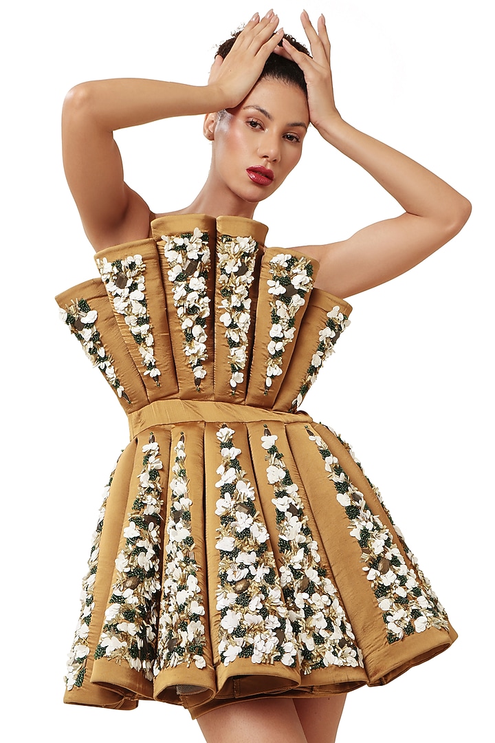 Copper Brown Satin Embellished Mini Party Wear Dress by Modo Caldo at Pernia's Pop Up Shop