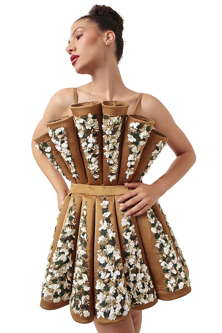 Copper Brown Satin Embellished Mini Party Wear Dress by Modo Caldo at Pernia's Pop Up Shop