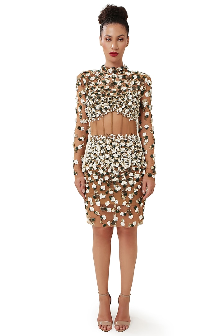 Copper Brown Satin Hand Embellished Bodycon Cocktail Dress by Modo Caldo at Pernia's Pop Up Shop