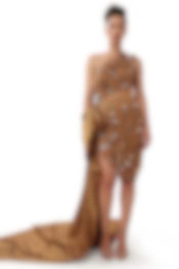 Copper Brown Satin Hand Embellished Asymmetrical Cocktail Dress by Modo Caldo at Pernia's Pop Up Shop