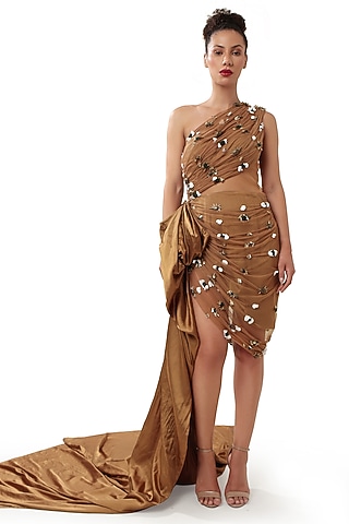golden dress online india Buy Golden Embellished Slit Gown Online in India main image 1