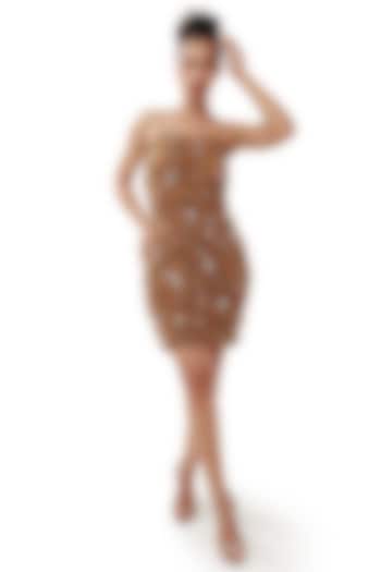 Copper Brown Satin & Tulle Hand Embellished Mini Vacation Dress by Modo Caldo at Pernia's Pop Up Shop