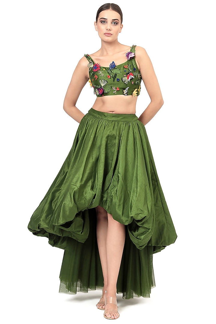 Green Dupion Silk Bubble Layered Skirt Set by Modo Caldo at Pernia's Pop Up Shop