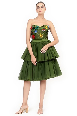 Green Tulle Tiered Mini Skirt Set by Modo Caldo