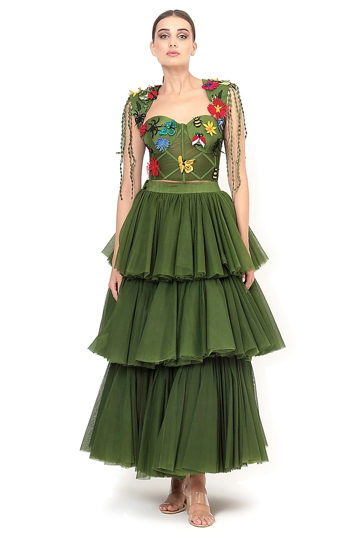 Green Tulle Tiered Maxi Skirt Set by Modo Caldo at Pernia's Pop Up Shop