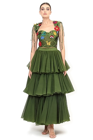 Green Tulle Tiered Maxi Skirt Set by Modo Caldo