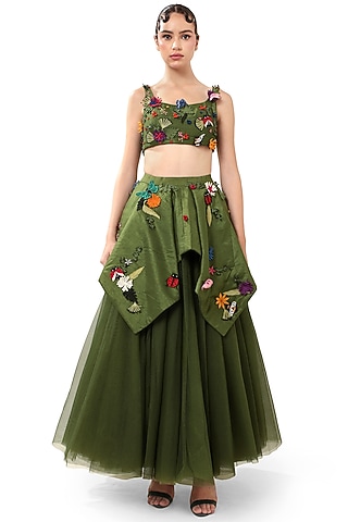 Green Tulle Asymmetrical Layered Maxi Skirt Set by Modo Caldo