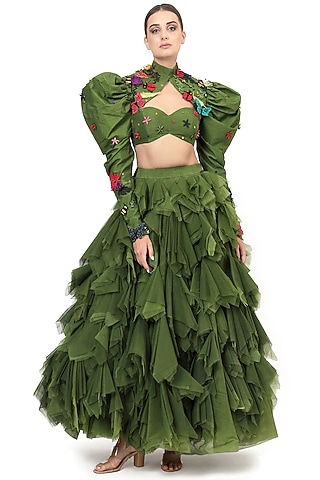 Green Tulle Layered Maxi Skirt Set by Modo Caldo