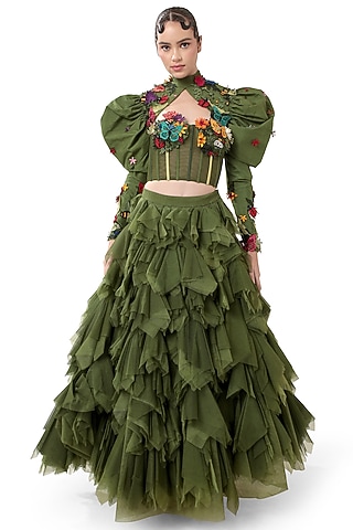 Green Tulle Layered Maxi Skirt Set by Modo Caldo