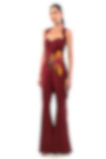 Red Moss Crepe Applique Embroidered Jumpsuit by Modo Caldo at Pernia's Pop Up Shop