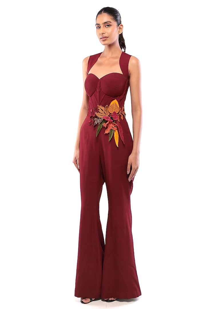 Red Moss Crepe Applique Embroidered Jumpsuit by Modo Caldo at Pernia's Pop Up Shop