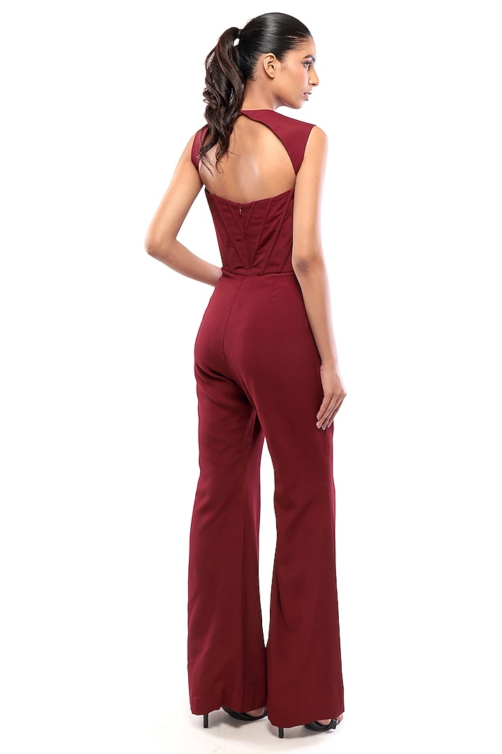 Red Moss Crepe Applique Embroidered Jumpsuit by Modo Caldo at Pernia's Pop Up Shop