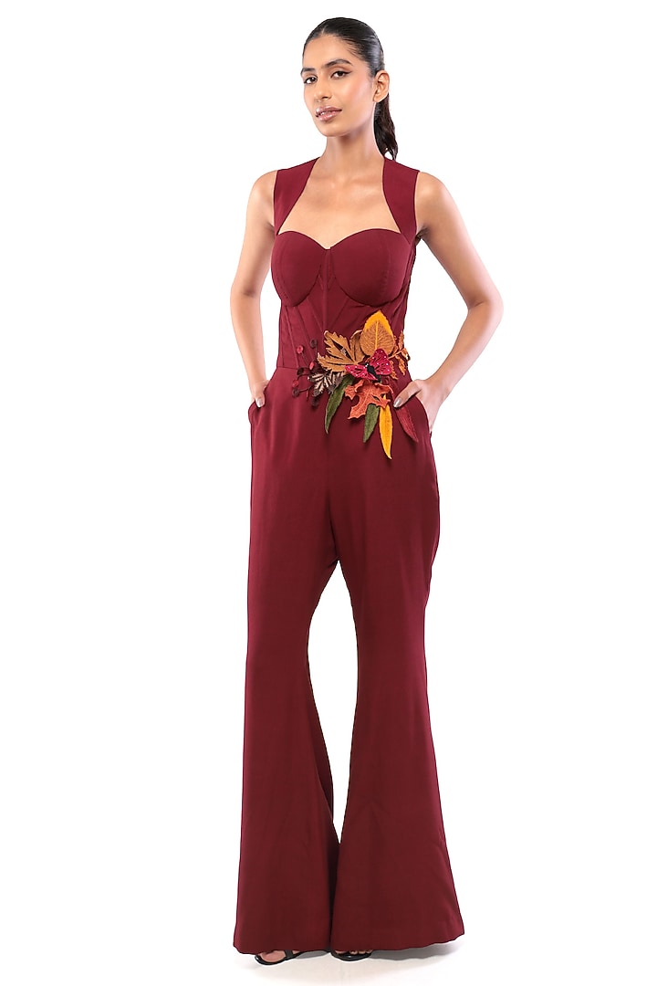 Red Moss Crepe Applique Embroidered Jumpsuit by Modo Caldo at Pernia's Pop Up Shop