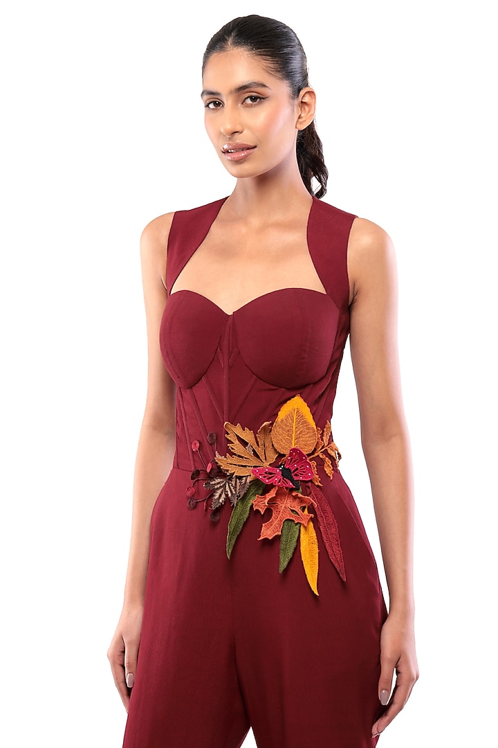Red Moss Crepe Applique Embroidered Jumpsuit by Modo Caldo at Pernia's Pop Up Shop