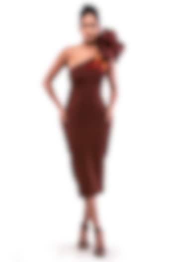 Brown Moss Crepe & Satin Organza One-Shoulder Bodycon Vacation Dress by Modo Caldo at Pernia's Pop Up Shop