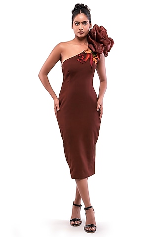Brown Moss Crepe & Satin Organza One-Shoulder Bodycon Dress by Modo Caldo