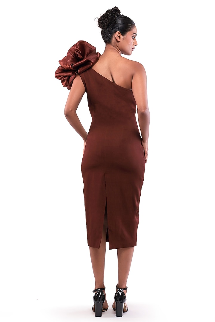 Brown Moss Crepe & Satin Organza One-Shoulder Bodycon Vacation Dress by Modo Caldo at Pernia's Pop Up Shop