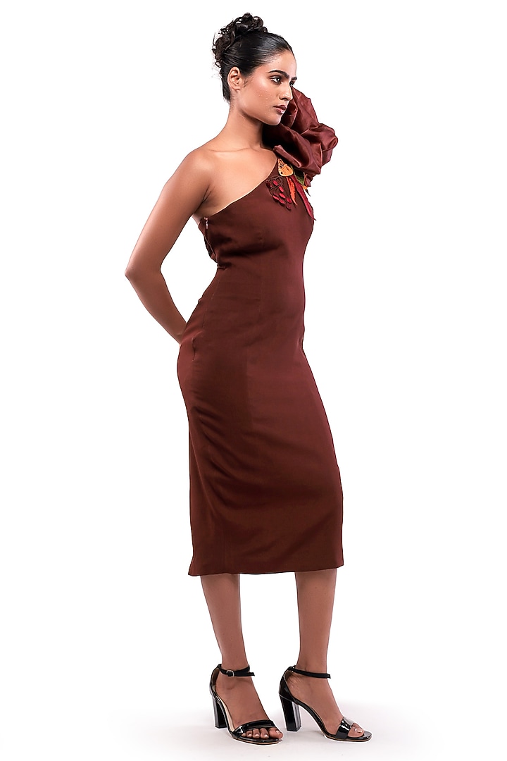 Brown Moss Crepe & Satin Organza One-Shoulder Bodycon Vacation Dress by Modo Caldo at Pernia's Pop Up Shop