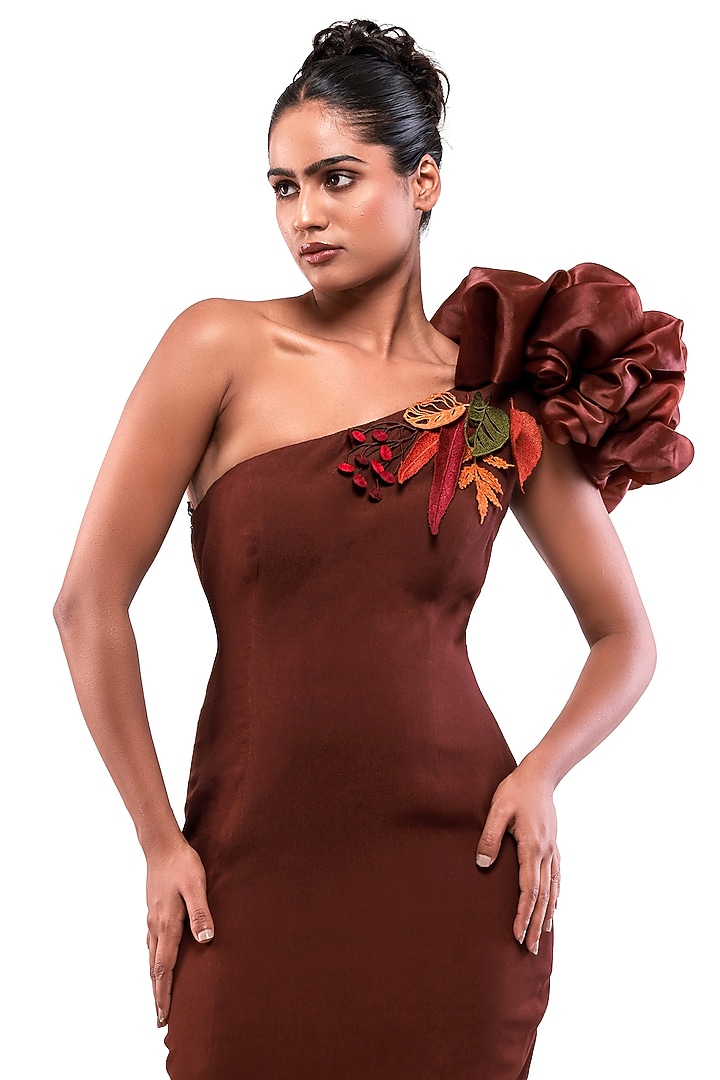 Brown Moss Crepe & Satin Organza One-Shoulder Bodycon Vacation Dress by Modo Caldo at Pernia's Pop Up Shop