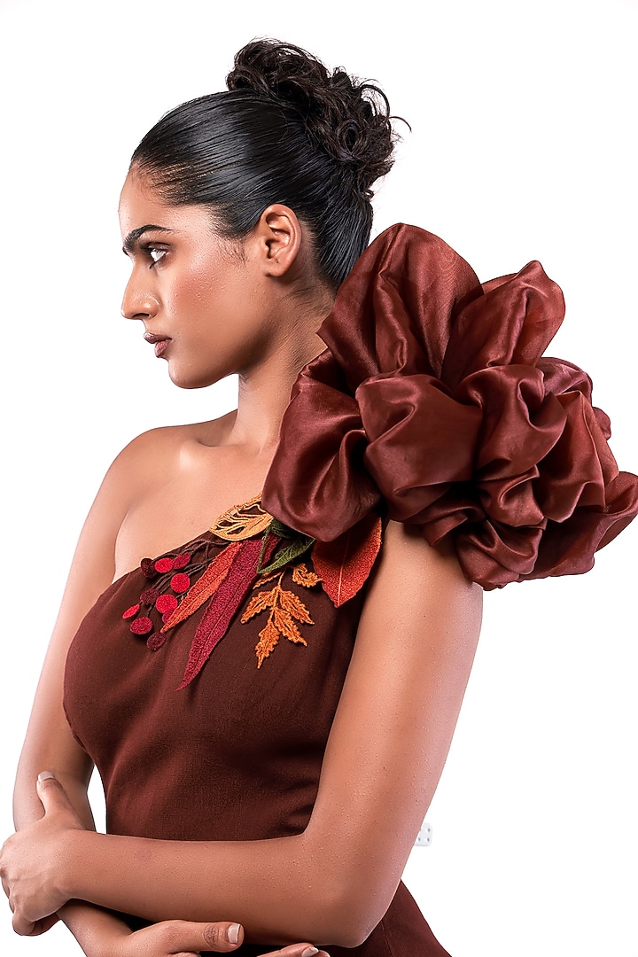 Brown Moss Crepe & Satin Organza One-Shoulder Bodycon Vacation Dress by Modo Caldo at Pernia's Pop Up Shop