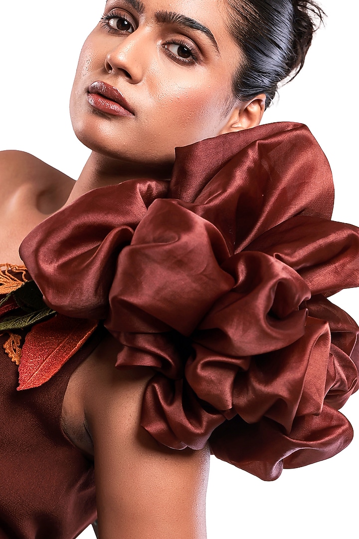 Brown Moss Crepe & Satin Organza One-Shoulder Bodycon Vacation Dress by Modo Caldo at Pernia's Pop Up Shop
