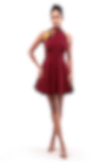 Red Moss Crepe Applique Embellished Flared Vacation Dress by Modo Caldo at Pernia's Pop Up Shop