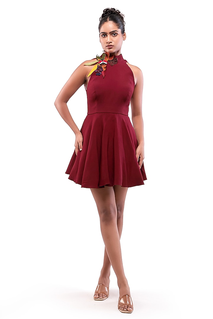 Red Moss Crepe Applique Embellished Flared Vacation Dress by Modo Caldo at Pernia's Pop Up Shop