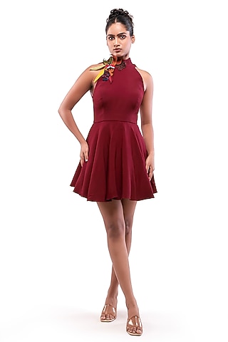 Red Moss Crepe Applique Embellished Flared Dress by Modo Caldo