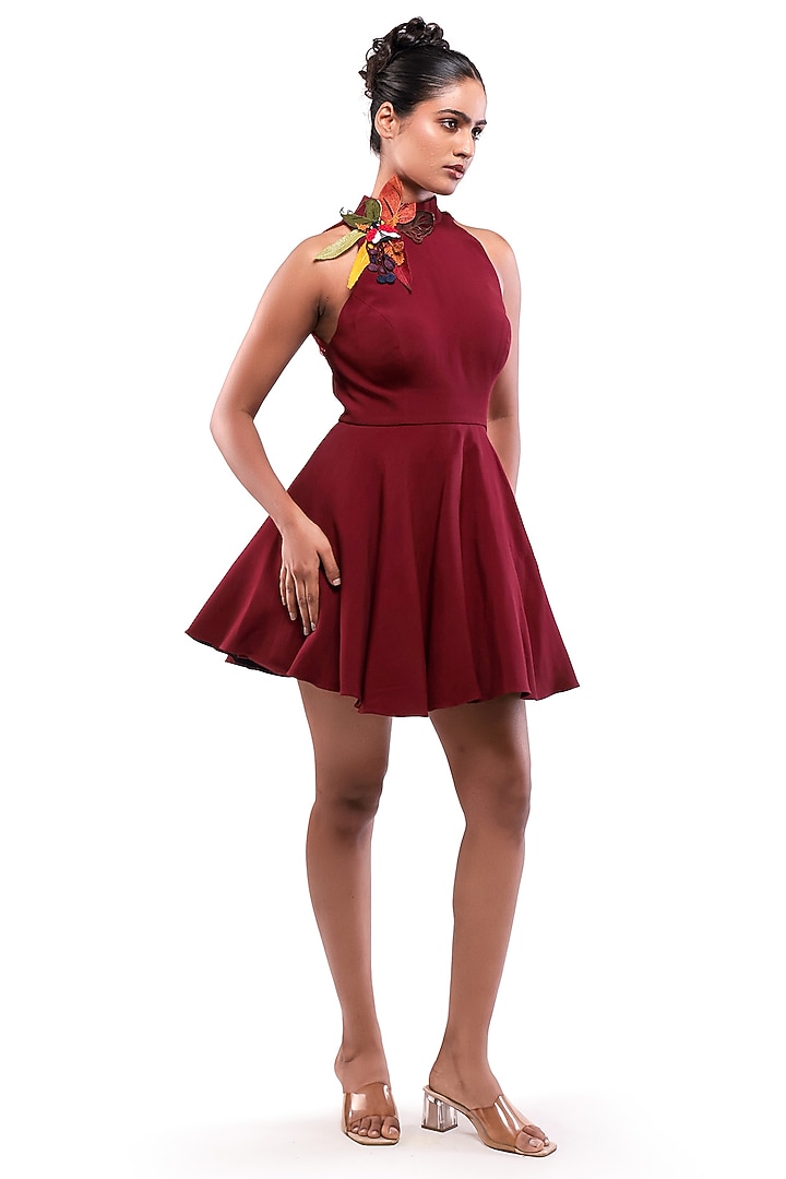 Red Moss Crepe Applique Embellished Flared Vacation Dress by Modo Caldo at Pernia's Pop Up Shop