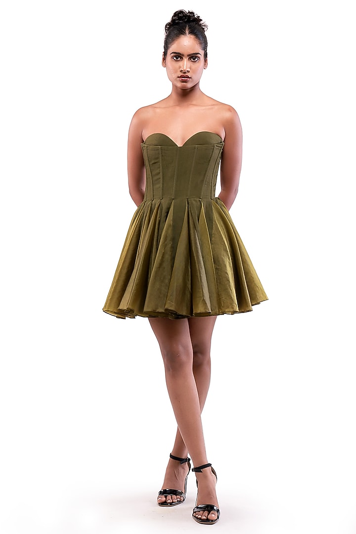 Green Moss Crepe & Satin Organza Off-Shoulder Vacation Dress by Modo Caldo at Pernia's Pop Up Shop