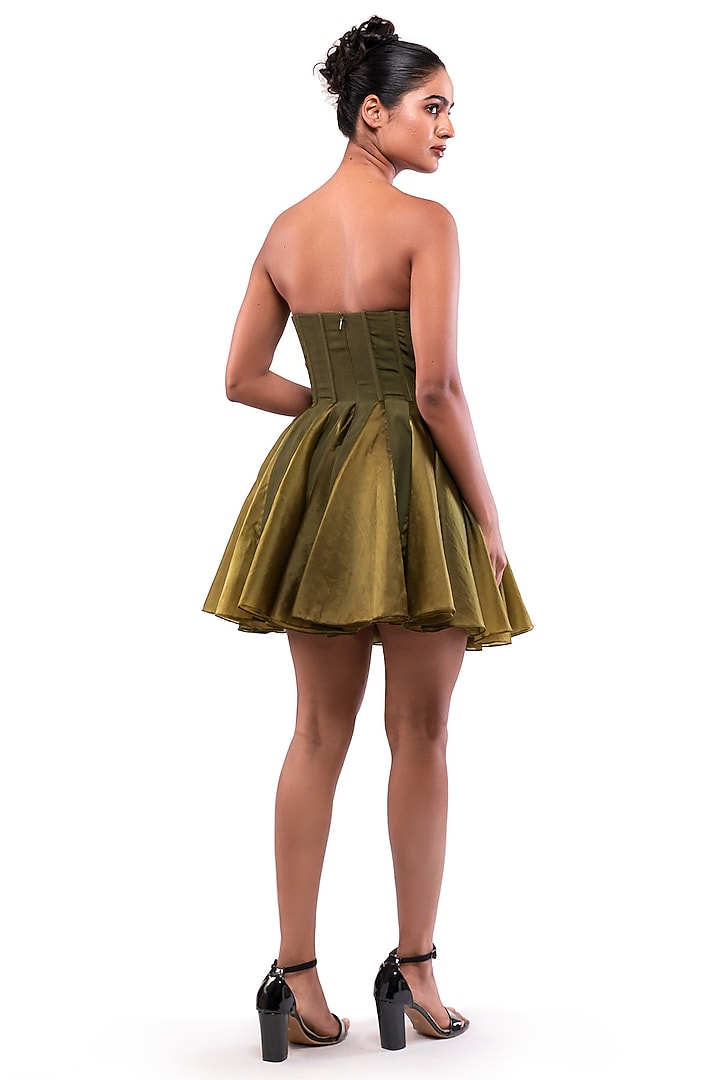 Green Moss Crepe & Satin Organza Off-Shoulder Vacation Dress by Modo Caldo at Pernia's Pop Up Shop