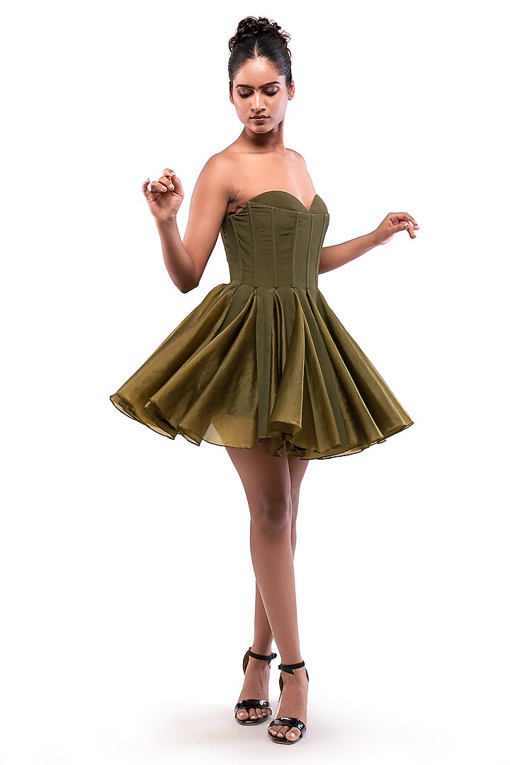 Green Moss Crepe & Satin Organza Off-Shoulder Vacation Dress by Modo Caldo at Pernia's Pop Up Shop