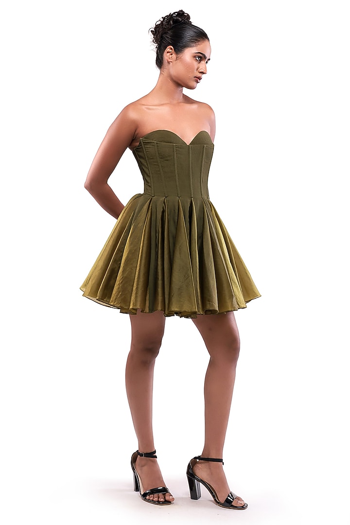 Green Moss Crepe & Satin Organza Off-Shoulder Vacation Dress by Modo Caldo at Pernia's Pop Up Shop