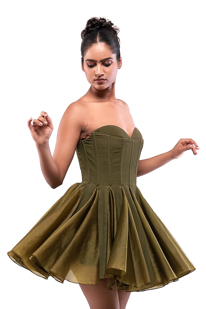 Green Moss Crepe & Satin Organza Off-Shoulder Vacation Dress by Modo Caldo at Pernia's Pop Up Shop