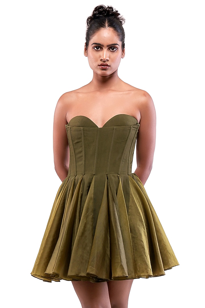 Green Moss Crepe & Satin Organza Off-Shoulder Vacation Dress by Modo Caldo at Pernia's Pop Up Shop