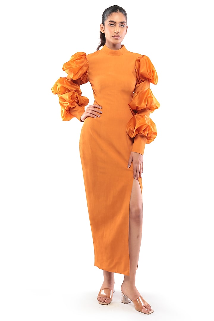 Mustard Yellow Moss Crepe & Satin Organza Bodycon Vacation Dress by Modo Caldo at Pernia's Pop Up Shop
