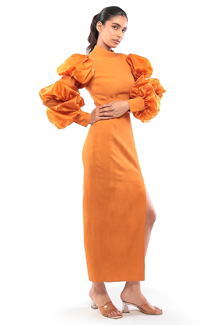 Mustard Yellow Moss Crepe & Satin Organza Bodycon Vacation Dress by Modo Caldo at Pernia's Pop Up Shop