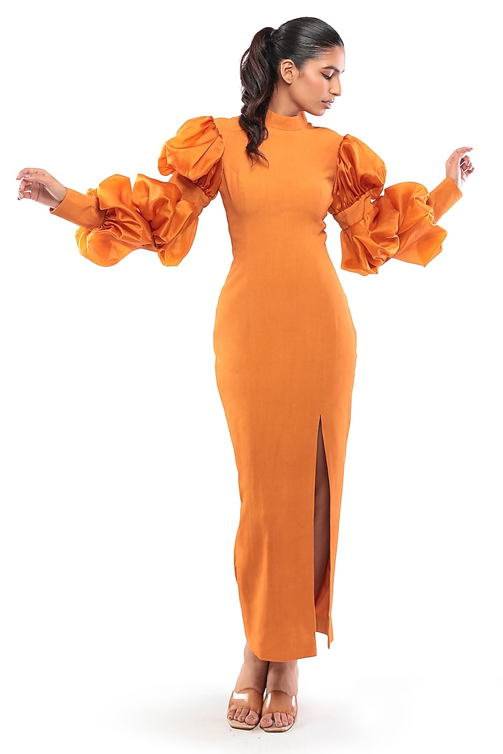 Mustard Yellow Moss Crepe & Satin Organza Bodycon Vacation Dress by Modo Caldo at Pernia's Pop Up Shop
