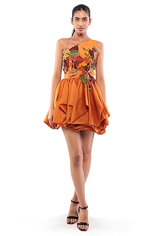 Mustard Yellow Moss Crepe Embellished One-Shoulder Dress by Modo Caldo