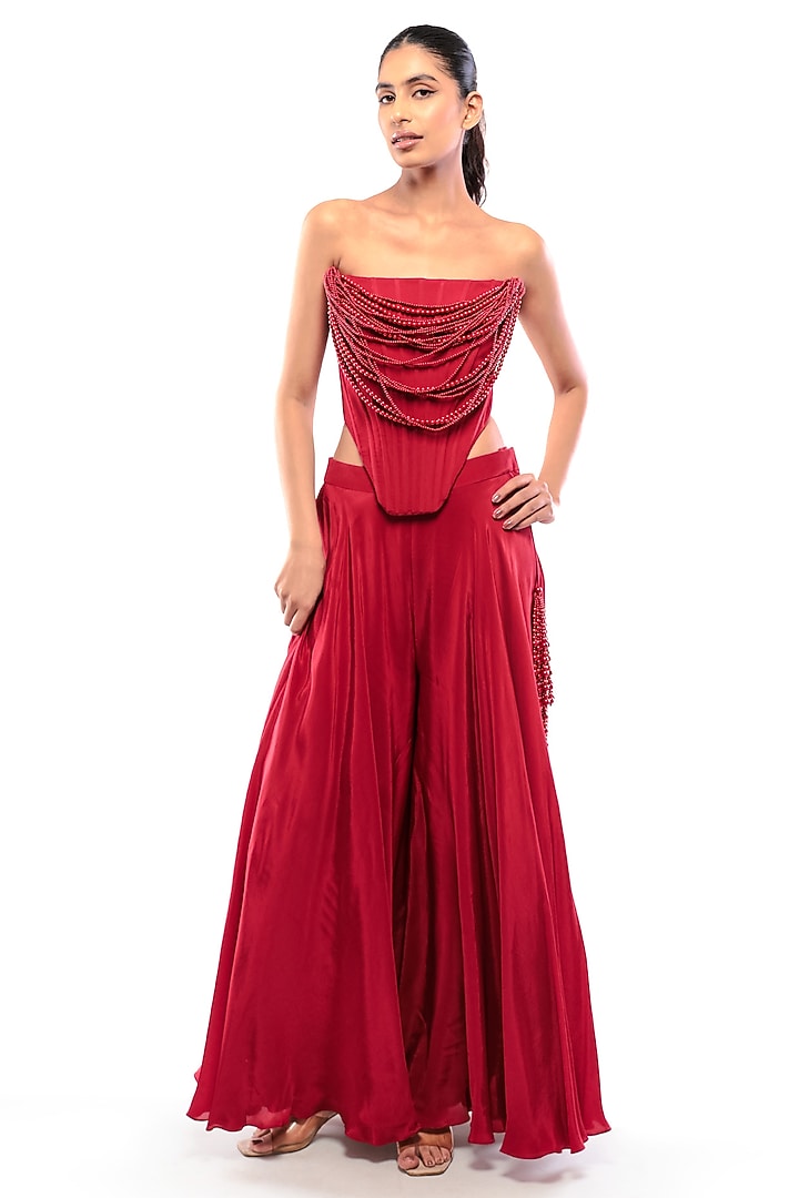 Red Double Georgette & Natural Crepe Co-Ord Set by Modo Caldo at Pernia's Pop Up Shop