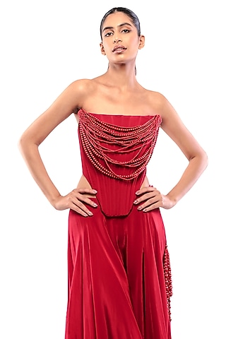 Red Double Georgette Embellished Corset by Modo Caldo
