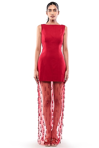 Red Double Georgette & Tulle Bodycon Dress With Skirt by Modo Caldo