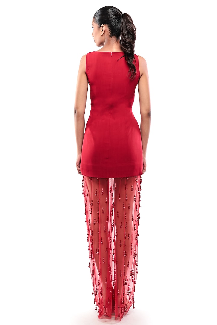 Red Double Georgette & Tulle Bodycon Cocktail Dress With Skirt by Modo Caldo at Pernia's Pop Up Shop