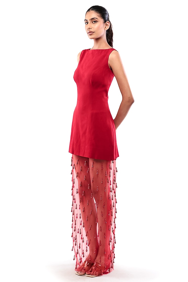 Red Double Georgette & Tulle Bodycon Cocktail Dress With Skirt by Modo Caldo at Pernia's Pop Up Shop