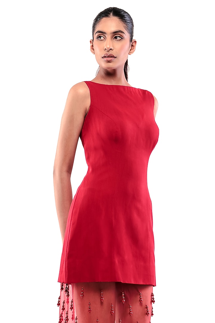 Red Double Georgette & Tulle Bodycon Cocktail Dress With Skirt by Modo Caldo at Pernia's Pop Up Shop