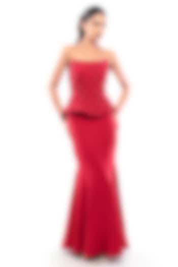 Red Double Georgette Mermaid Skirt Set by Modo Caldo at Pernia's Pop Up Shop