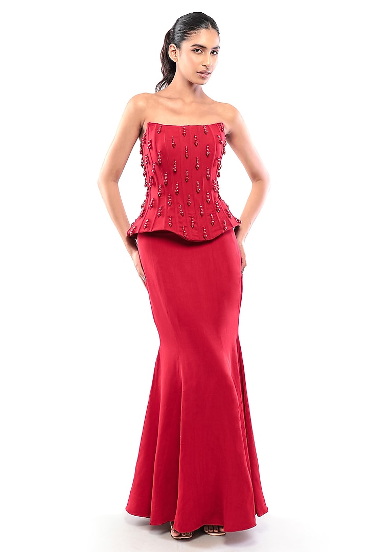 Red Double Georgette Mermaid Skirt Set by Modo Caldo at Pernia's Pop Up Shop