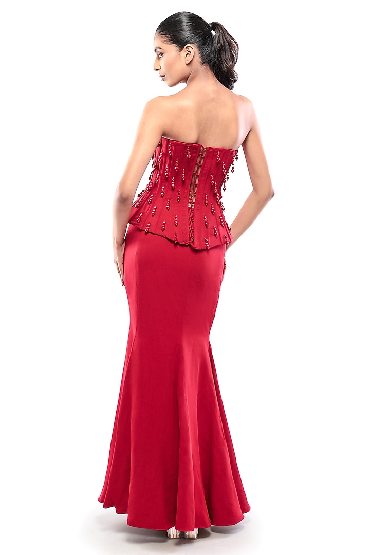 Red Double Georgette Mermaid Skirt Set by Modo Caldo at Pernia's Pop Up Shop