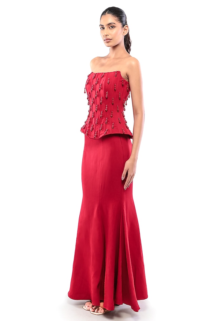Red Double Georgette Mermaid Skirt Set by Modo Caldo at Pernia's Pop Up Shop