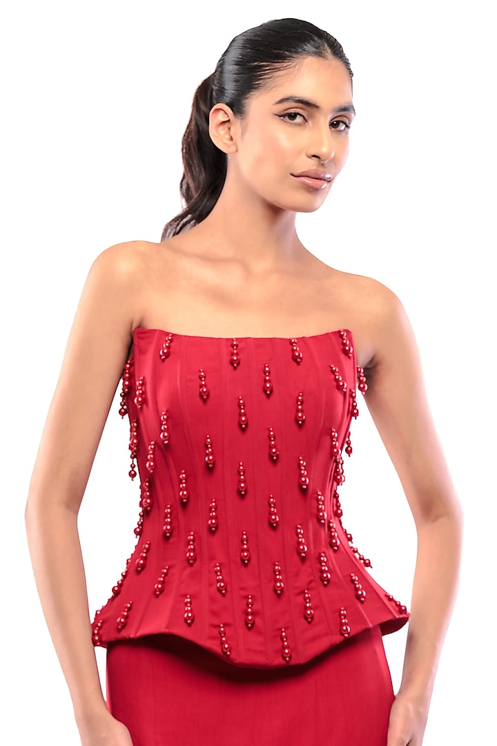 Red Double Georgette Mermaid Skirt Set by Modo Caldo at Pernia's Pop Up Shop